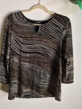 COIN Women's Metallic Zebra Print Long Sleeve Top Size L